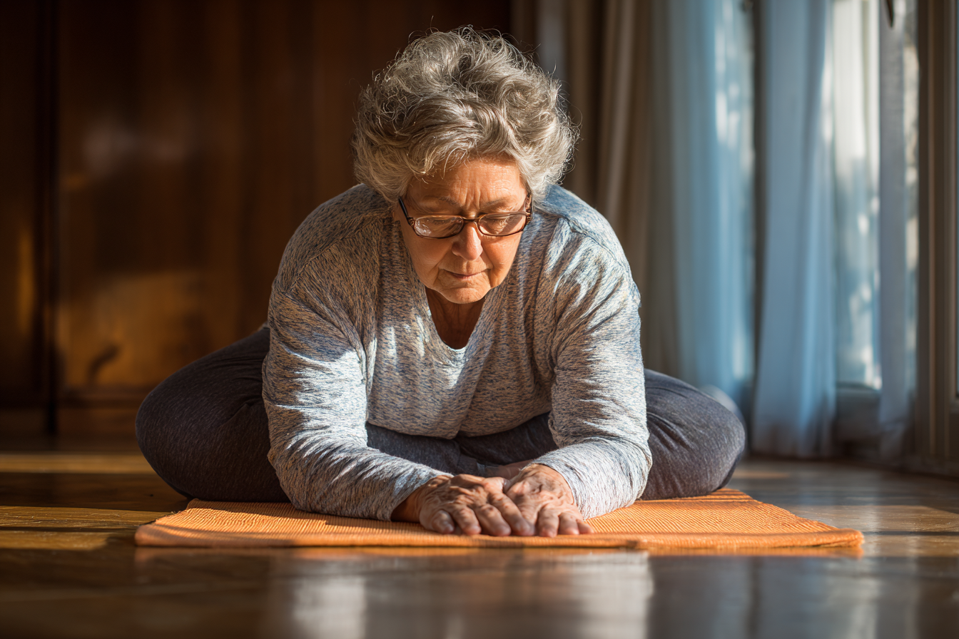 Група старших людей займається йогою на свіжому повітрі
